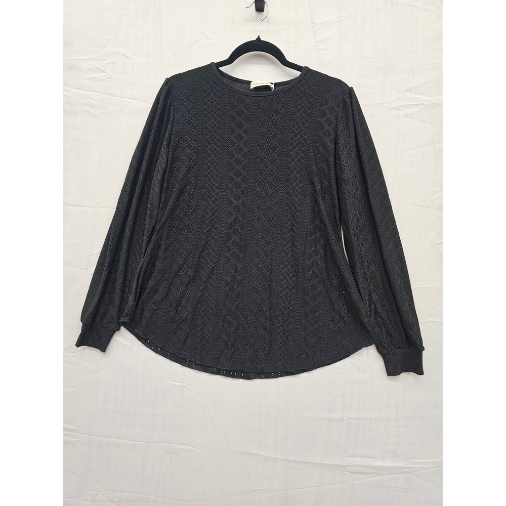 Fantaslook Black Eyelet Crochet Long Sleeve Puff Sleeve Crew Neck Top New